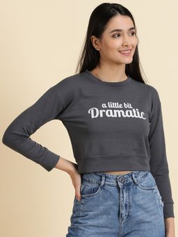 SHOWOFFFF - Womens Printed Round Neck Grey Regular Crop Top
