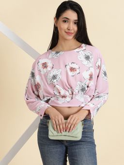 SHOWOFF - Womens Printed Boat Neck Pink Styled Back Crop Top