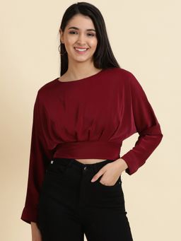 SHOWOFFFF - Womens Solid Boat Neck Burgundy Styled Back Crop Top