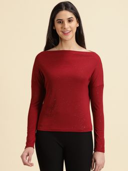 SHOWOFFFF - Womens Embellished Boat Neck Maroon Regular Top