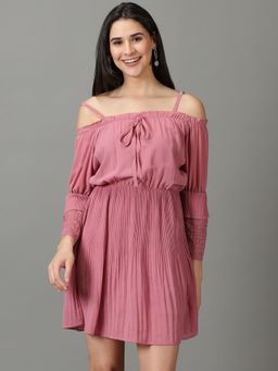 SHOWOFF - Womens Shoulder Straps Solid Above Knee Pink Dress