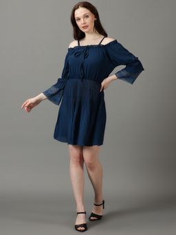 SHOWOFF - Womens Shoulder Straps Solid Above Knee Teal Dress