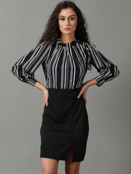 SHOWOFF - Womens High Neck Striped Above Knee Black Dress