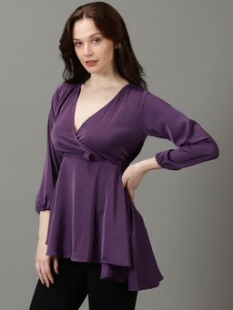 SHOWOFFFF - Womens V-Neck Solid Longline Purple Wrap Top