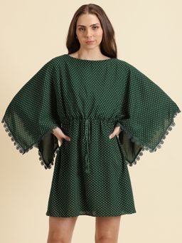 SHOWOFF - Womens Printed Green Boat Neck Fit And Flare Dress