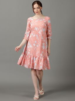 SHOWOFF - Womens Square Neck Printed Knee Length Peach Dress