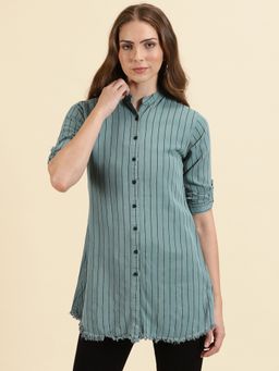 SHOWOFFFF - Womens Mandarin Collar Slim Fit Striped Teal Longline Shirt