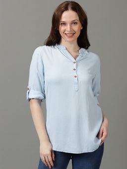 SHOWOFFFF - Womens Mandarin Collar Solid Regular Blue Shirt Style Top