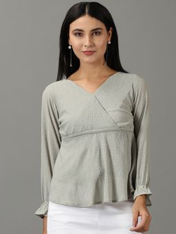 SHOWOFFFF - Womens V-Neck Self Design Regular Sea Green Wrap Top