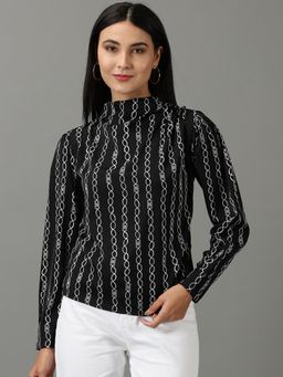 SHOWOFFFF - Womens High Neck Printed Regular Black Top