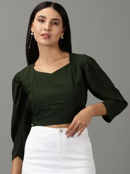 SHOWOFF - Womens Solid Crop Olive Cinched Waist Crop Top