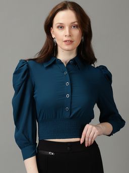 SHOWOFFFF - Womens Collar Solid Teal Shirt Style Crop Top
