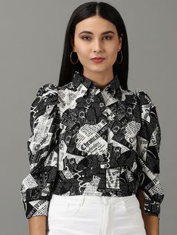 SHOWOFFFF - Womens Collar Printed Black Shirt Style Crop Top