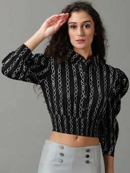 SHOWOFFFF - Womens Collar Printed Black Shirt Style Crop Top