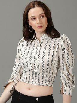 SHOWOFFFF - Womens Collar Printed Off White Shirt Style Crop Top