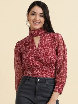 SHOWOFFFF - Womens Printed Burgundy Cinched Waist Regular Top