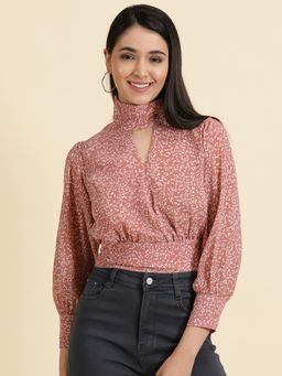 SHOWOFF - Womens Printed Mauve Cinched Waist Crop Top