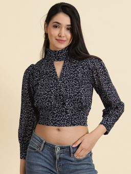 SHOWOFFFF - Womens Printed Navy Blue Cinched Waist Crop Top