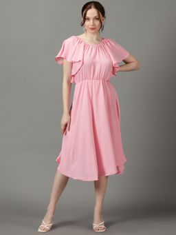 SHOWOFF - Womens Round Neck Solid Midi Pink Dress