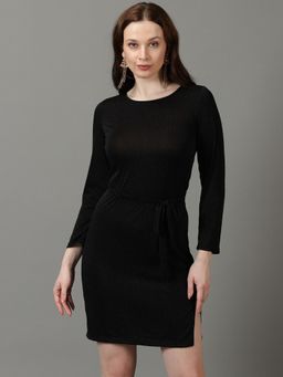 SHOWOFF - Womens Round Neck Striped Above Knee Black Dress