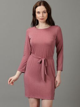 SHOWOFF - Womens Round Neck Striped Above Knee Mauve Dress
