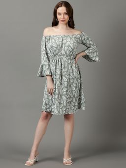 SHOWOFF - Womens Off Shoulder Printed Above Knee Green Dress