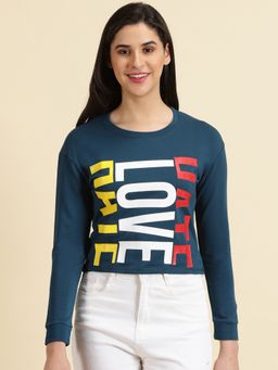 SHOWOFFFF - Womens Round Neck Solid Teal Regular Top
