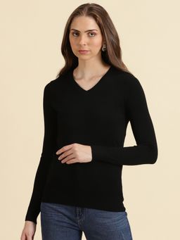 SHOWOFFFF - Womens V-Neck Solid Black Fitted Regular Top