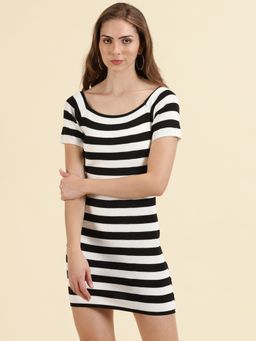 SHOWOFF - Womens Mini Striped Sheath Black Dress