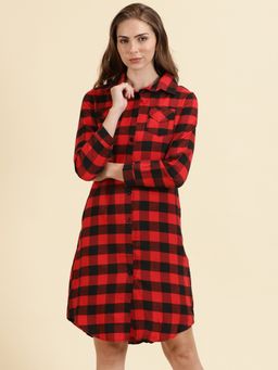 SHOWOFFFF - Womens Spread Collar Checked Red Longline Shirt