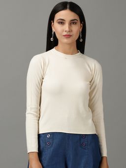 SHOWOFFFF - Womens Solid Terry Fitted Cream Top