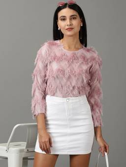 SHOWOFFFF - Womens Self Design Cotton Regular Pink Top