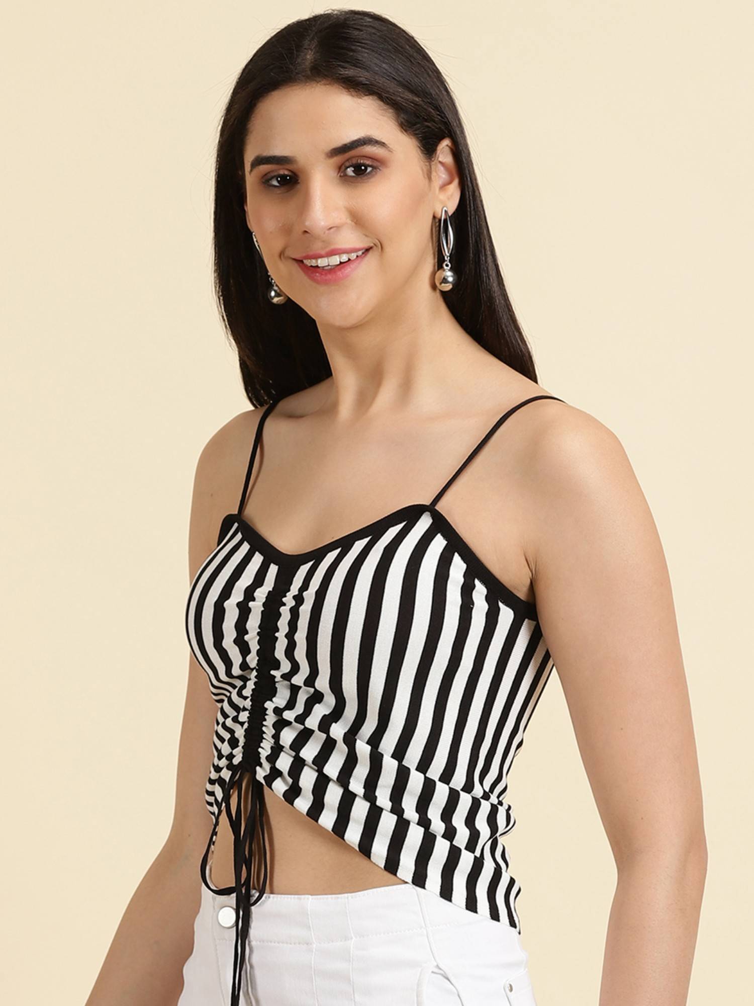 Buy SHOWOFFFF Womens Shoulder Straps Striped Black Fitted Crop Top