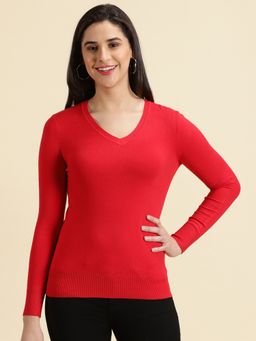 SHOWOFFFF - Womens Solid V-Neck Red Regular Top