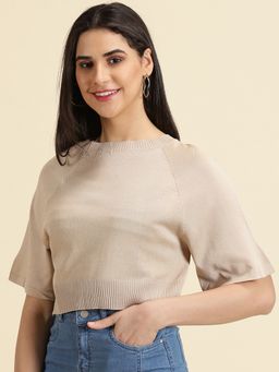 SHOWOFF - Womens Boat Neck Solid Beige Styled Back Crop Top