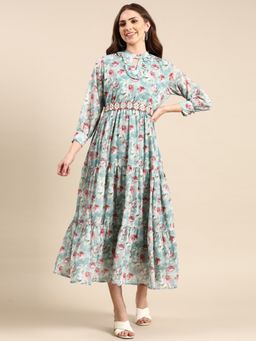 SHOWOFF - Womens Ankle Length Floral Anarkali Sea Green Dress
