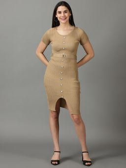 SHOWOFF - Womens Round Neck Solid Bodycon Khaki Dress with Belt (Set of 2)