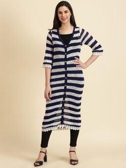 SHOWOFFFF - Womens Longline Striped Navy Blue Shrug