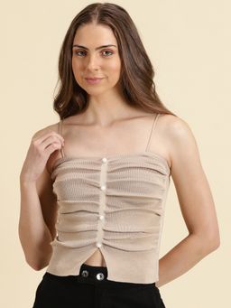 SHOWOFFFF - Womens Shoulder Straps Solid Beige Fitted Regular Top