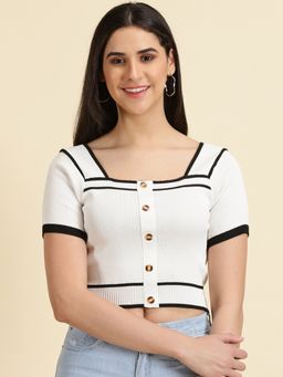 SHOWOFFFF - Womens Square Neck Solid White Fitted Crop Top