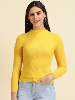 SHOWOFFFF - Womens High Neck Solid Yellow Fitted Regular Top