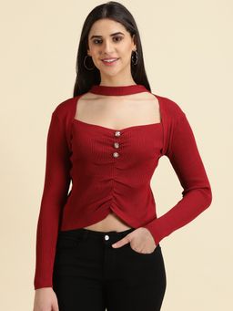SHOWOFF - Womens Solid Maroon Fitted Regular Top