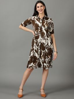 SHOWOFF - Womens Shirt Collar Printed Knee Length Olive Dress