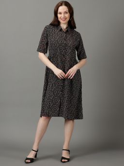 SHOWOFF - Womens Shirt Collar Printed Midi Black Dress