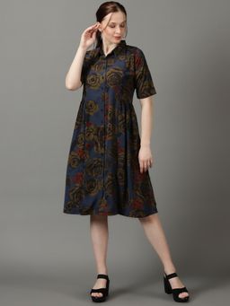 SHOWOFF - Womens Shirt Collar Printed Midi Navy Blue Dress