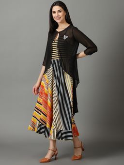 SHOWOFF - Womens Shoulder Straps Striped Maxi Black Dress with Shrug (Set of 2)