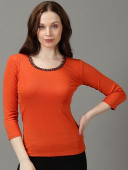 SHOWOFFFF - Womens Embellished Cotton Regular Orange Top
