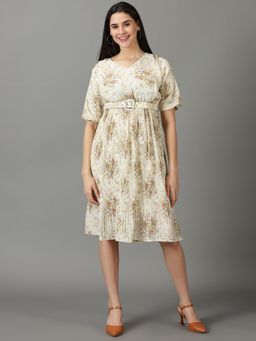 SHOWOFF - Womens V-Neck Printed Fit And Flare Off White Dress (Set of 2)