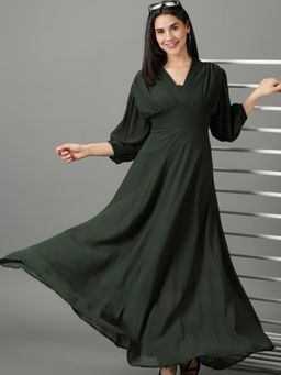 SHOWOFF - Womens V-Neck Solid Fit And Flare Green Dress (Set of 2)