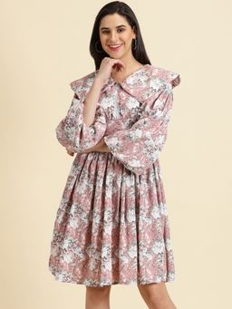 SHOWOFF - Womens Above The Keyboard Collar Printed Fit And Flare Peach Dress
